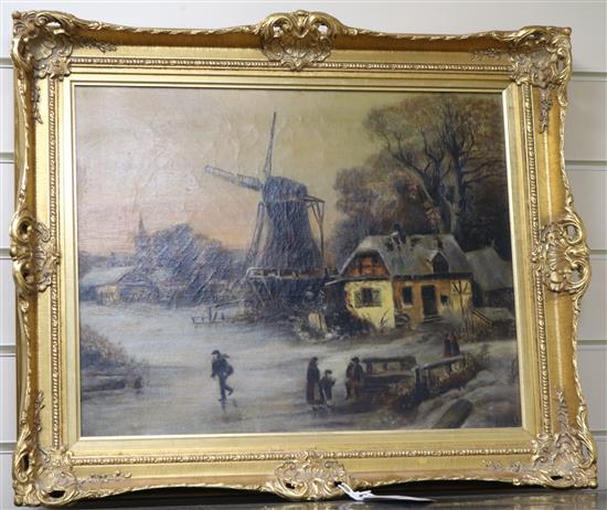 Dutch School, oil on canvas, winter landscape with windmill, 37 x 47cm